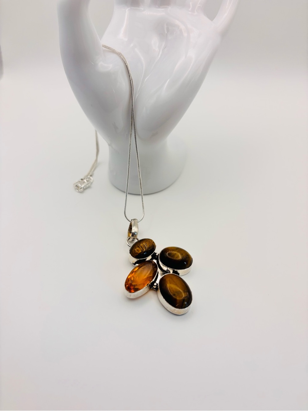 925 Silver Tigers Eye Citrine Gemstone Pendant Necklace